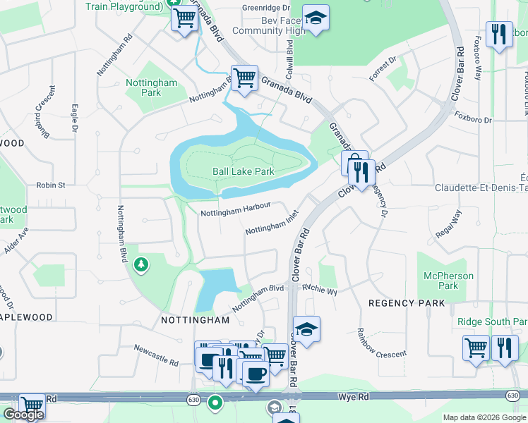 map of restaurants, bars, coffee shops, grocery stores, and more near 44 Nottingham Inlet in Sherwood Park