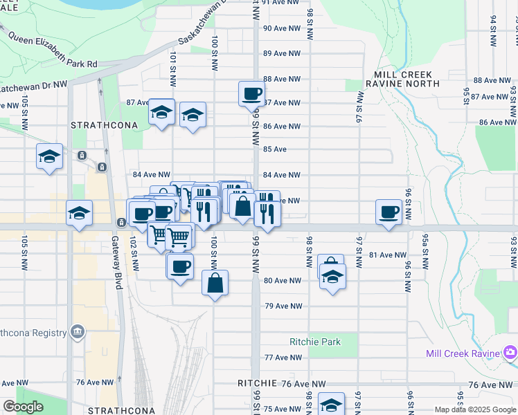 map of restaurants, bars, coffee shops, grocery stores, and more near 8223 99 Street Northwest in Edmonton