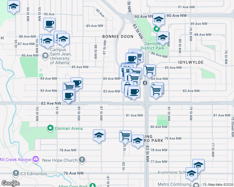 map of restaurants, bars, coffee shops, grocery stores, and more near 8515 83 Avenue Northwest in Edmonton