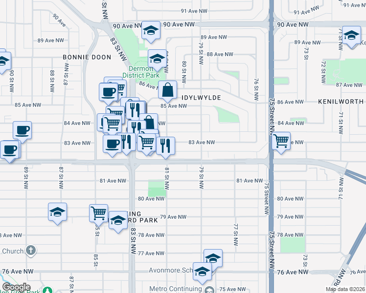 map of restaurants, bars, coffee shops, grocery stores, and more near 7931 83 Avenue Northwest in Edmonton