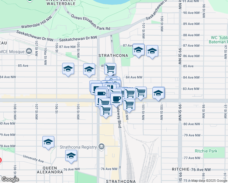 map of restaurants, bars, coffee shops, grocery stores, and more near 10310 83 Avenue Northwest in Edmonton