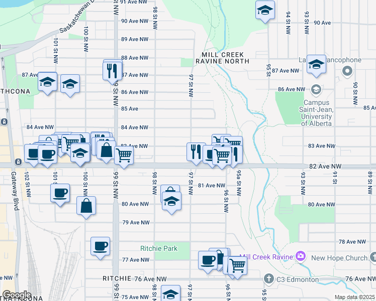 map of restaurants, bars, coffee shops, grocery stores, and more near 8214 97 Street Northwest in Edmonton