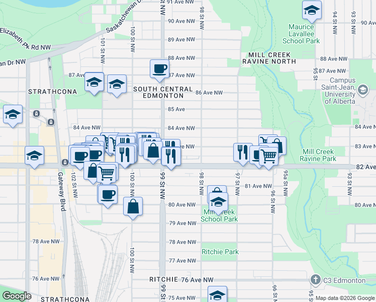map of restaurants, bars, coffee shops, grocery stores, and more near in Edmonton