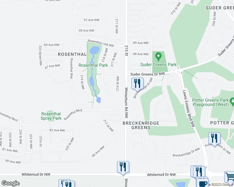 map of restaurants, bars, coffee shops, grocery stores, and more near 8404 Winterburn Road Northwest in Edmonton