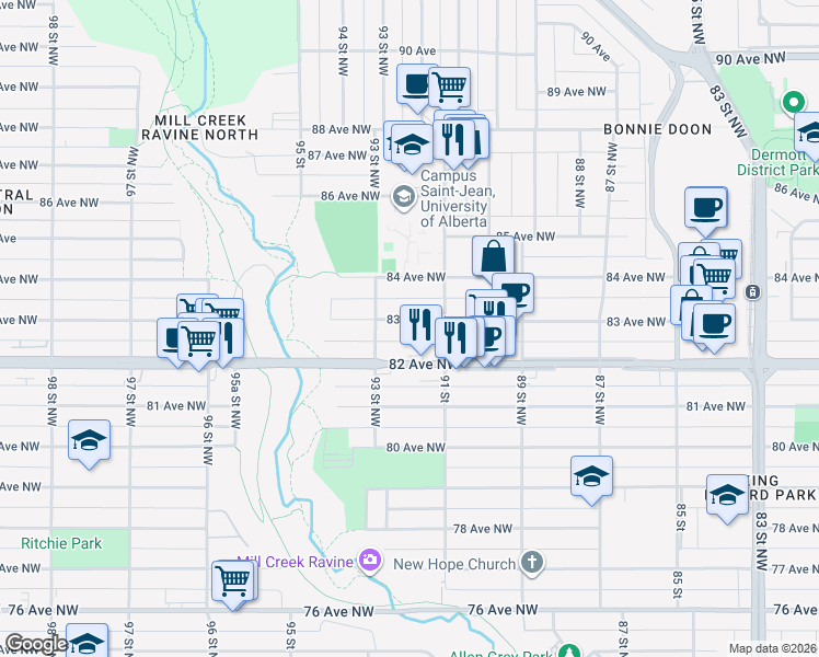 map of restaurants, bars, coffee shops, grocery stores, and more near 9131 83 Avenue Northwest in Edmonton