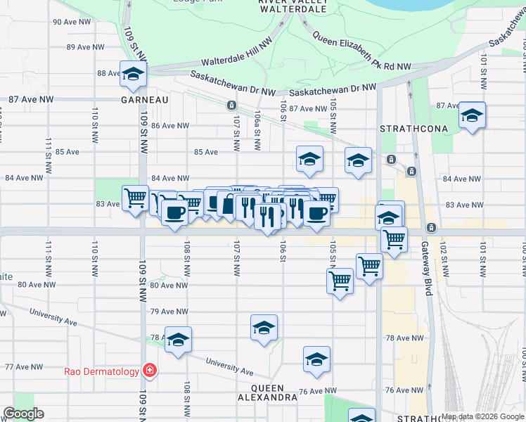 map of restaurants, bars, coffee shops, grocery stores, and more near 10625 83 Avenue Northwest in Edmonton
