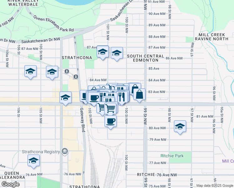 map of restaurants, bars, coffee shops, grocery stores, and more near 10025 83 Avenue Northwest in Edmonton