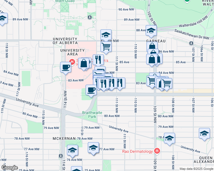 map of restaurants, bars, coffee shops, grocery stores, and more near 11135 83 Avenue Northwest in Edmonton