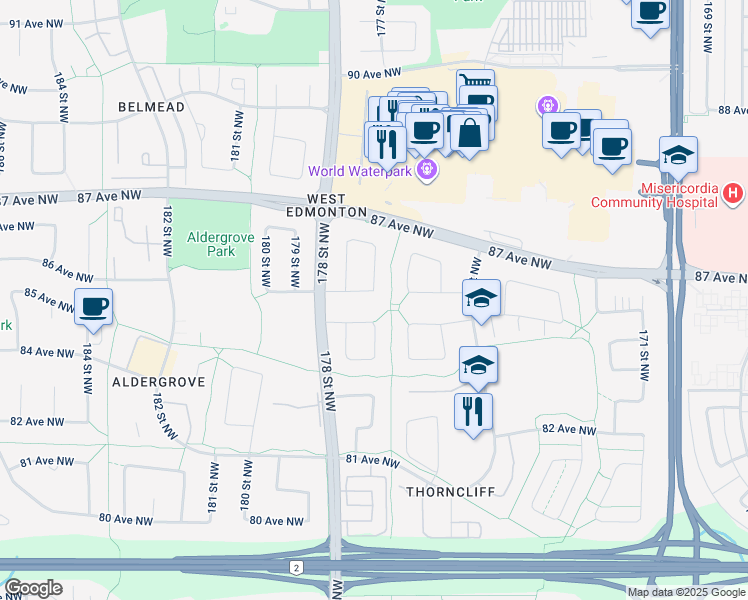 map of restaurants, bars, coffee shops, grocery stores, and more near 8431 177 Street Northwest in Edmonton