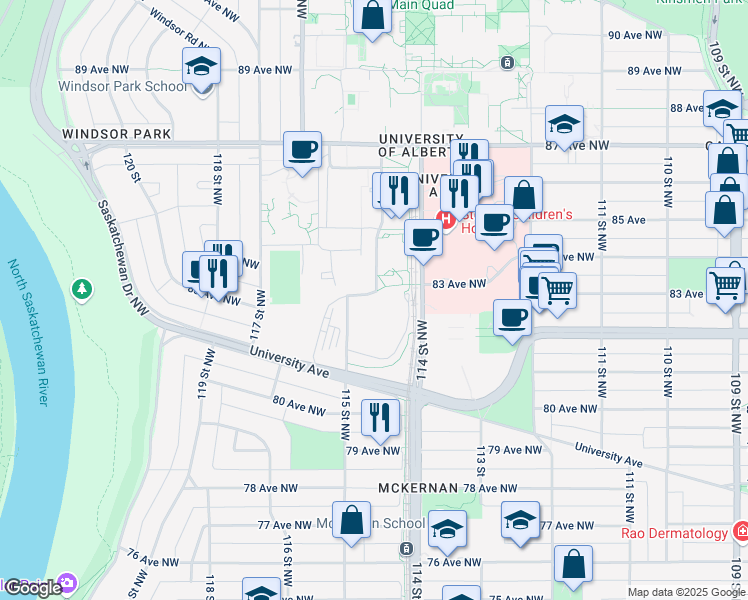 map of restaurants, bars, coffee shops, grocery stores, and more near 11400 University Avenue in Edmonton