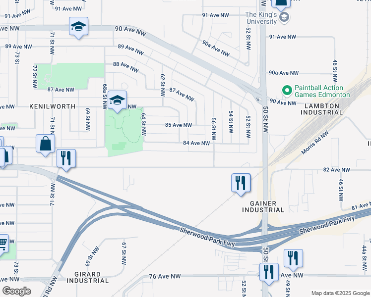map of restaurants, bars, coffee shops, grocery stores, and more near 5916 82 Avenue Northwest in Edmonton