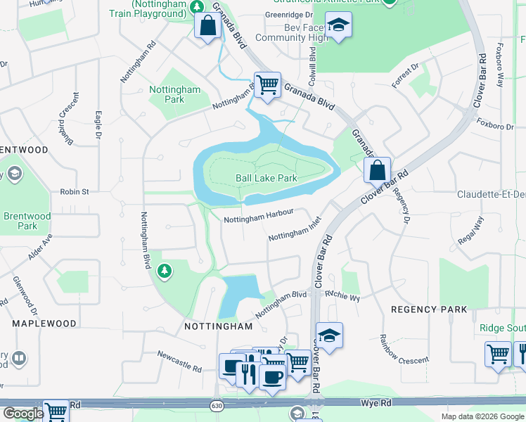map of restaurants, bars, coffee shops, grocery stores, and more near 77 Nottingham Harbour in Sherwood Park