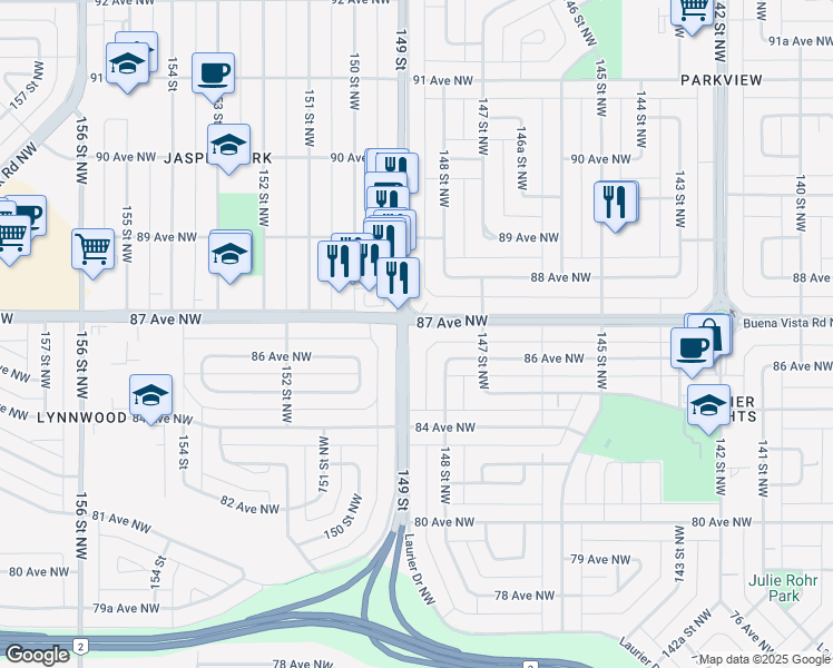 map of restaurants, bars, coffee shops, grocery stores, and more near in Edmonton