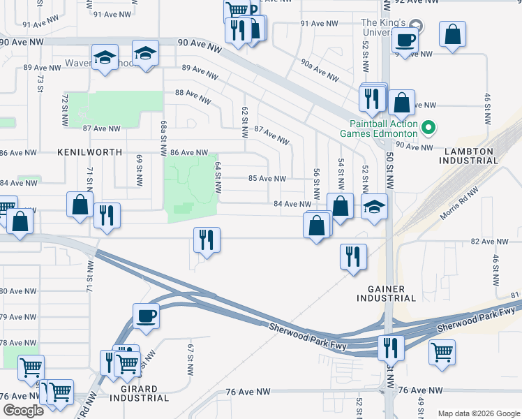 map of restaurants, bars, coffee shops, grocery stores, and more near 6104 82 Avenue Northwest in Edmonton