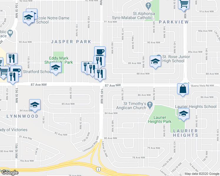 map of restaurants, bars, coffee shops, grocery stores, and more near in Edmonton