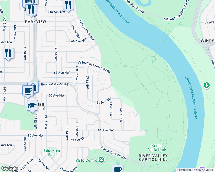 map of restaurants, bars, coffee shops, grocery stores, and more near 76 Valleyview Crescent Northwest in Edmonton