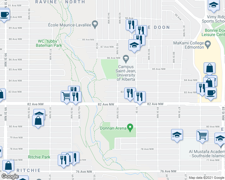 map of restaurants, bars, coffee shops, grocery stores, and more near 9310 82 Avenue Northwest in Edmonton