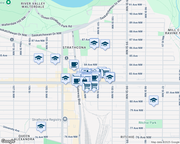 map of restaurants, bars, coffee shops, grocery stores, and more near 8135 102 Street Northwest in Edmonton