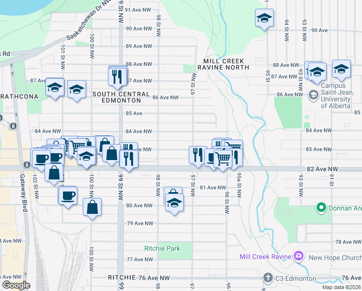 map of restaurants, bars, coffee shops, grocery stores, and more near 9724 83 Avenue Northwest in Edmonton