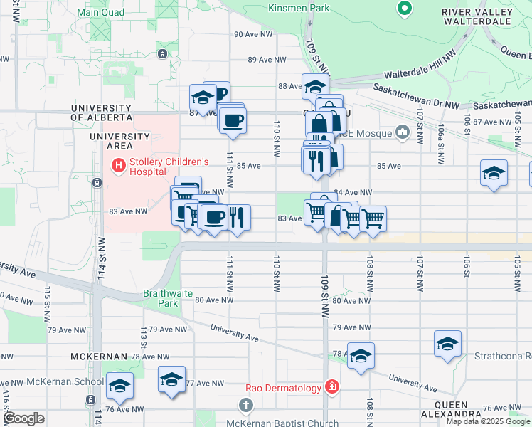 map of restaurants, bars, coffee shops, grocery stores, and more near 11012 83 Avenue Northwest in Edmonton