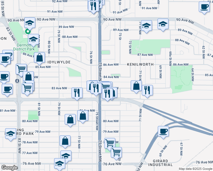 map of restaurants, bars, coffee shops, grocery stores, and more near 7411 84 Avenue Northwest in Edmonton