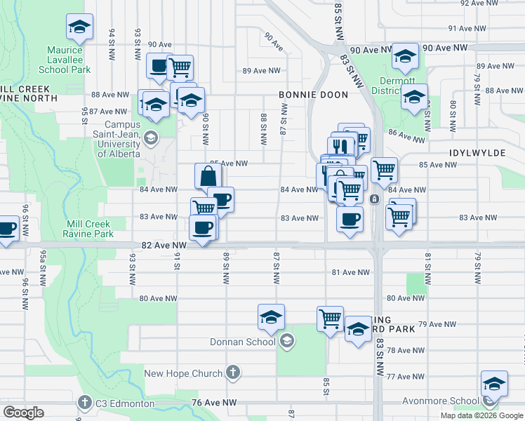 map of restaurants, bars, coffee shops, grocery stores, and more near 8707 84 Avenue Northwest in Edmonton