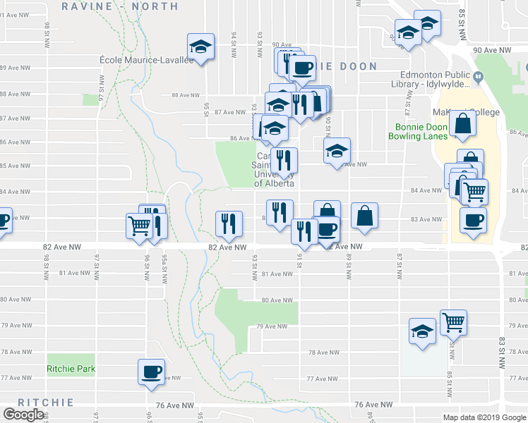 map of restaurants, bars, coffee shops, grocery stores, and more near 9127 84 Avenue Northwest in Edmonton