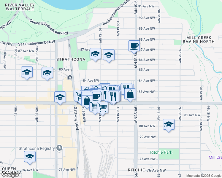map of restaurants, bars, coffee shops, grocery stores, and more near 10028 84 Avenue Northwest in Edmonton