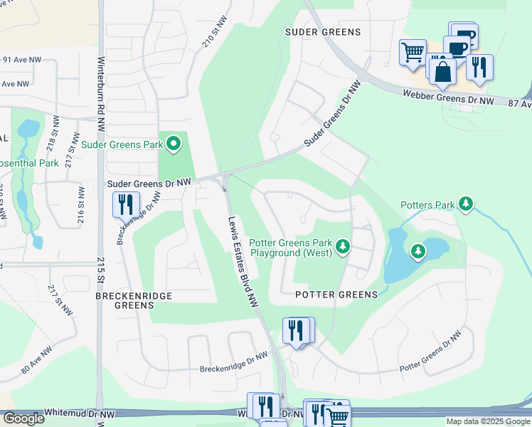 map of restaurants, bars, coffee shops, grocery stores, and more near 875 Proctor Wynd Northwest in Edmonton