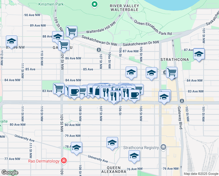 map of restaurants, bars, coffee shops, grocery stores, and more near in Edmonton