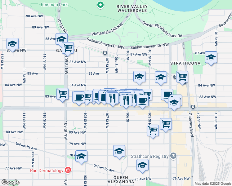 map of restaurants, bars, coffee shops, grocery stores, and more near in Edmonton