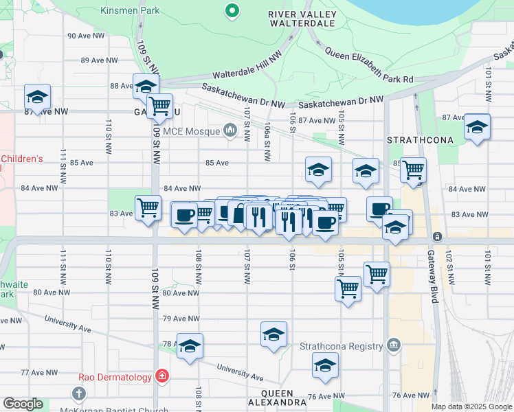 map of restaurants, bars, coffee shops, grocery stores, and more near in Edmonton