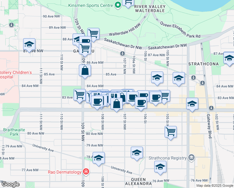 map of restaurants, bars, coffee shops, grocery stores, and more near in Edmonton