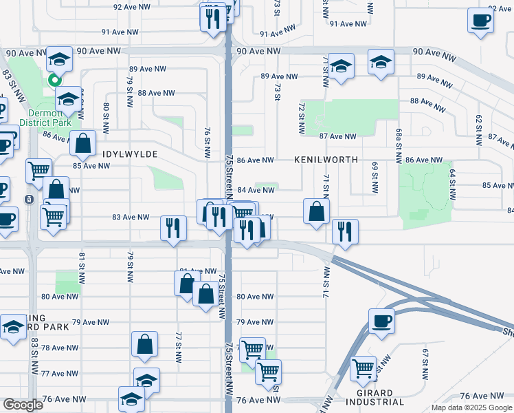 map of restaurants, bars, coffee shops, grocery stores, and more near 7320 83 Avenue Northwest in Edmonton