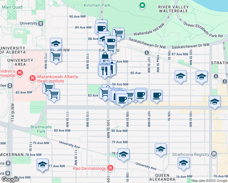 map of restaurants, bars, coffee shops, grocery stores, and more near in Edmonton