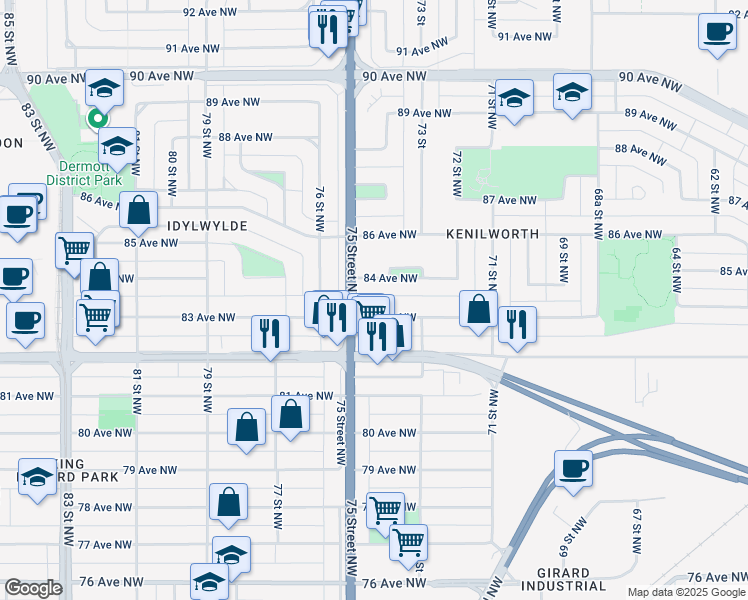 map of restaurants, bars, coffee shops, grocery stores, and more near 7411 84 Avenue Northwest in Edmonton