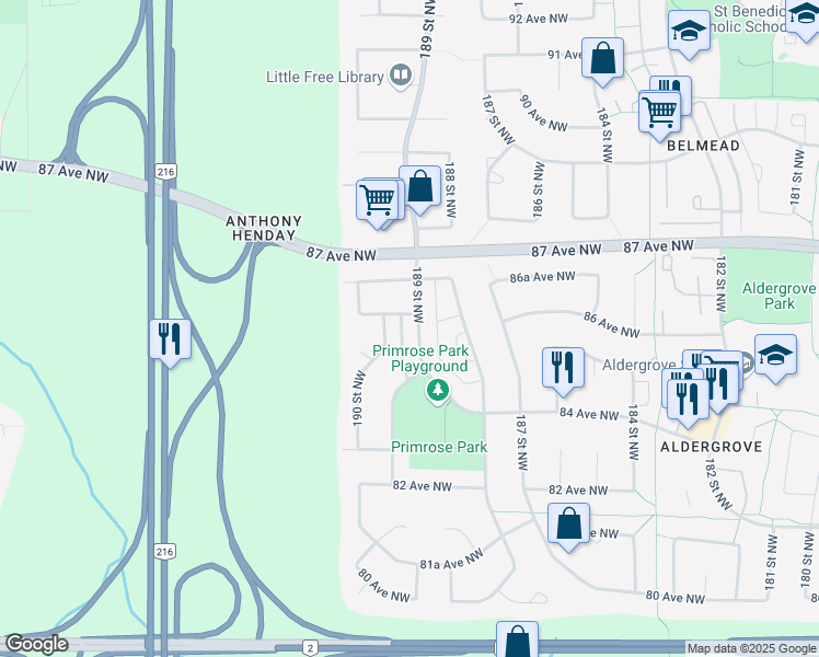 map of restaurants, bars, coffee shops, grocery stores, and more near 8559 189 Street Northwest in Edmonton