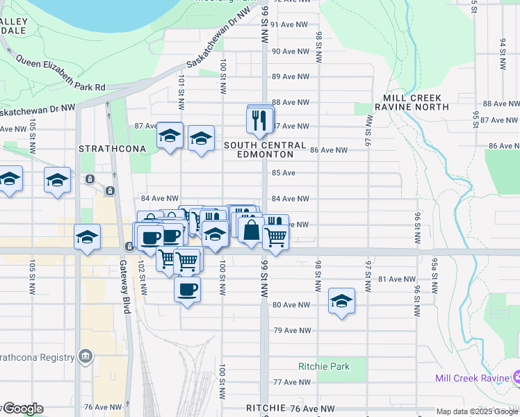 map of restaurants, bars, coffee shops, grocery stores, and more near 8322 99 Street Northwest in Edmonton