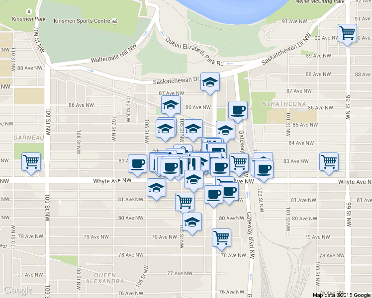 map of restaurants, bars, coffee shops, grocery stores, and more near in Edmonton
