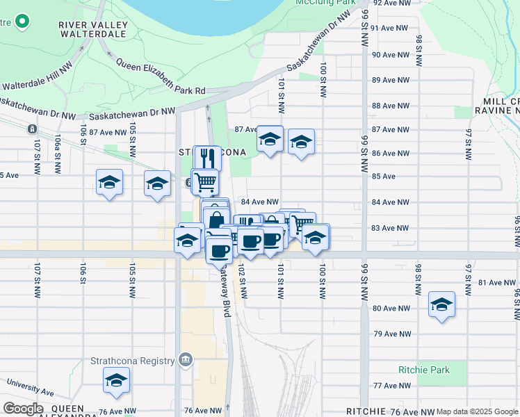 map of restaurants, bars, coffee shops, grocery stores, and more near 10125 84 Avenue Northwest in Edmonton