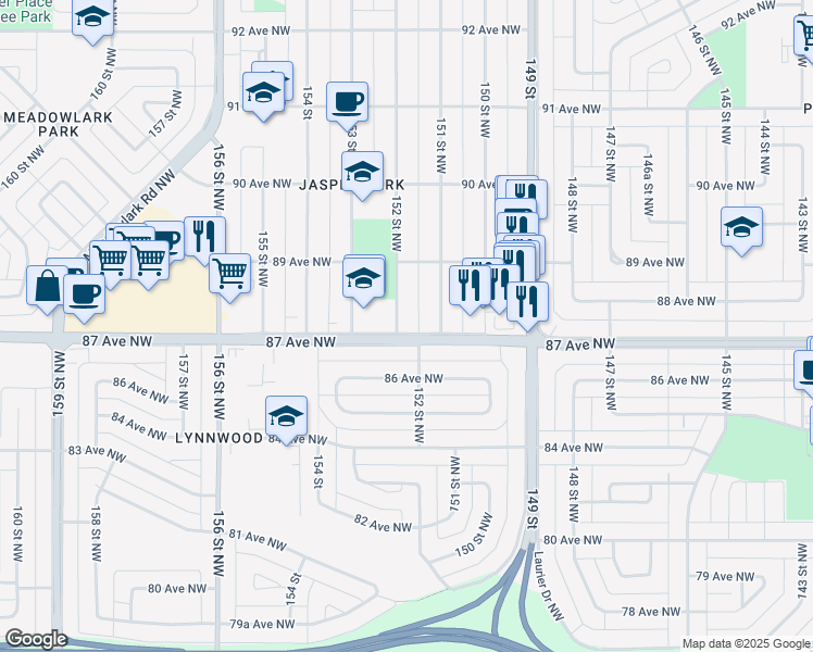 map of restaurants, bars, coffee shops, grocery stores, and more near 15130 87 Avenue Northwest in Edmonton