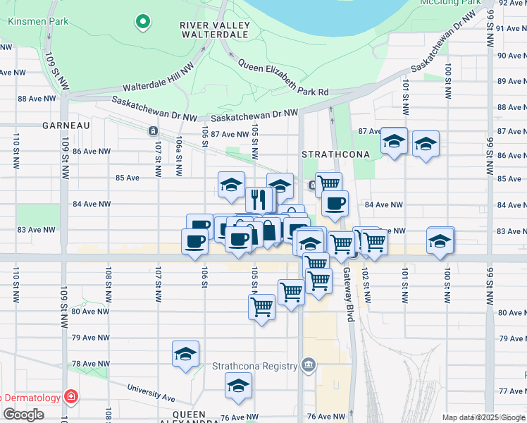 map of restaurants, bars, coffee shops, grocery stores, and more near in Edmonton