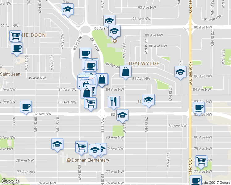 map of restaurants, bars, coffee shops, grocery stores, and more near 8405 83 Street Northwest in Edmonton