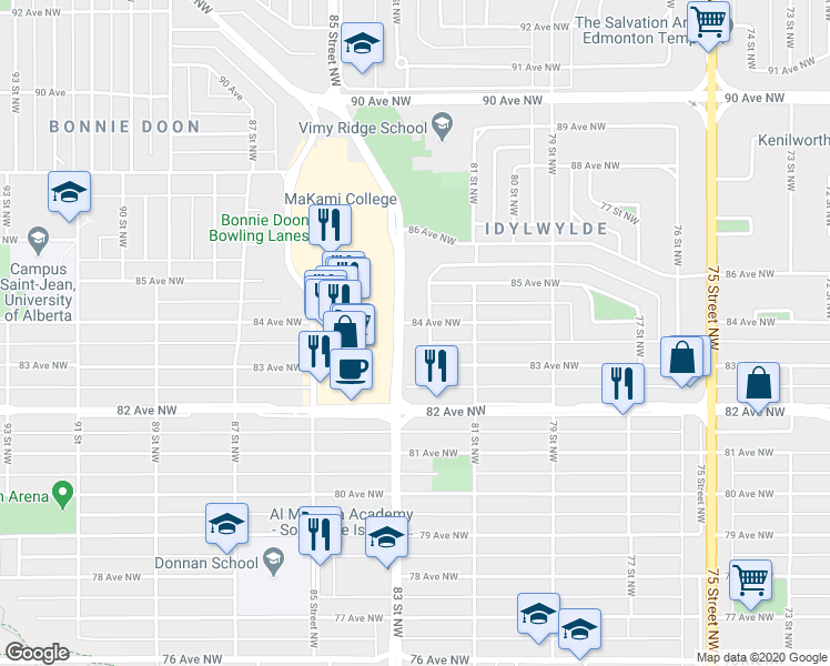 map of restaurants, bars, coffee shops, grocery stores, and more near 8405 83 Street Northwest in Edmonton