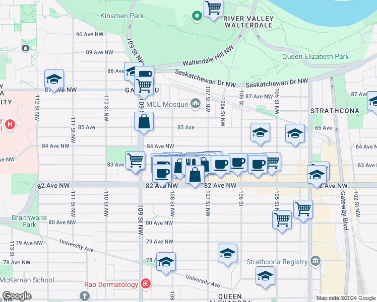 map of restaurants, bars, coffee shops, grocery stores, and more near in Edmonton