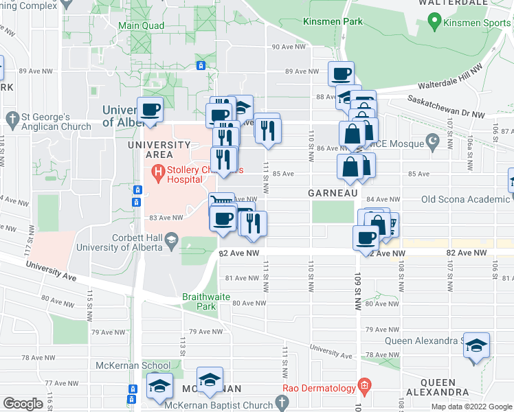 map of restaurants, bars, coffee shops, grocery stores, and more near 11109 84 Avenue Northwest in Edmonton
