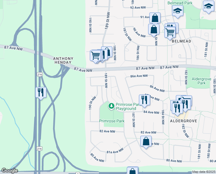 map of restaurants, bars, coffee shops, grocery stores, and more near 8559 189 Street Northwest in Edmonton