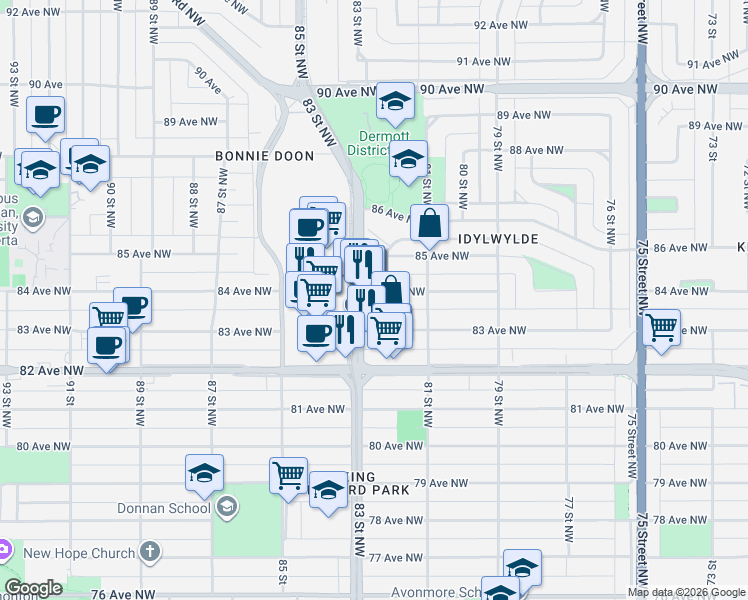 map of restaurants, bars, coffee shops, grocery stores, and more near 8405 83 Street Northwest in Edmonton