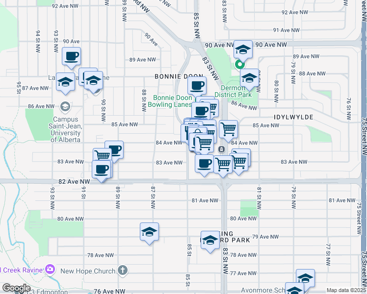 map of restaurants, bars, coffee shops, grocery stores, and more near 8505 84 Avenue Northwest in Edmonton