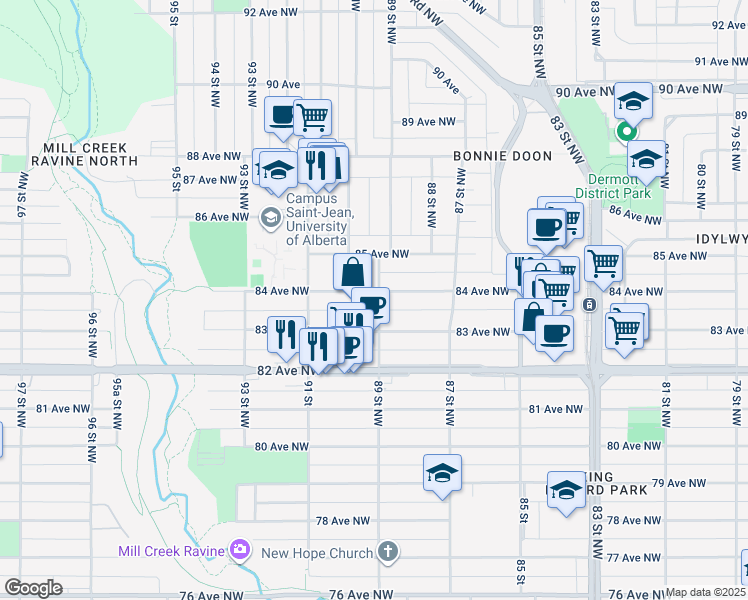 map of restaurants, bars, coffee shops, grocery stores, and more near 8314 89 Street Northwest in Edmonton